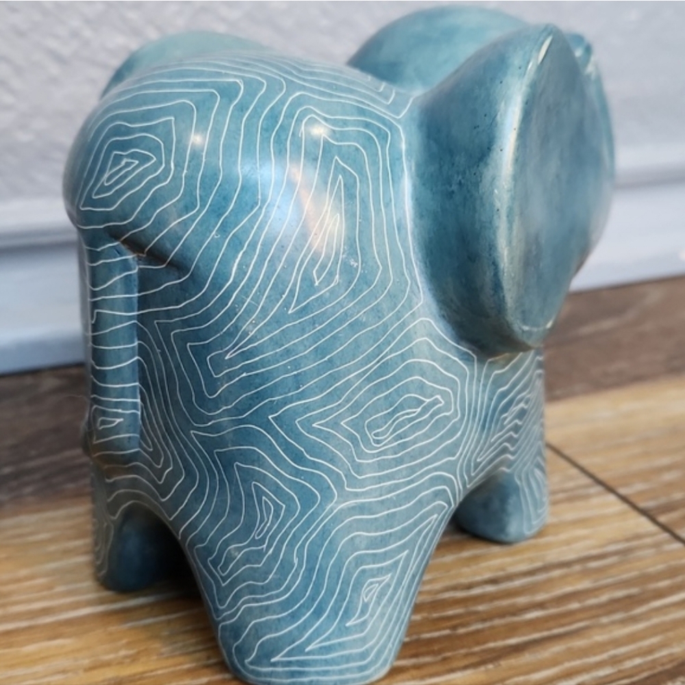 Afrikiko Soapstone Elephant Teal Blue Green White Abstract Circles - Picture 5 of 15